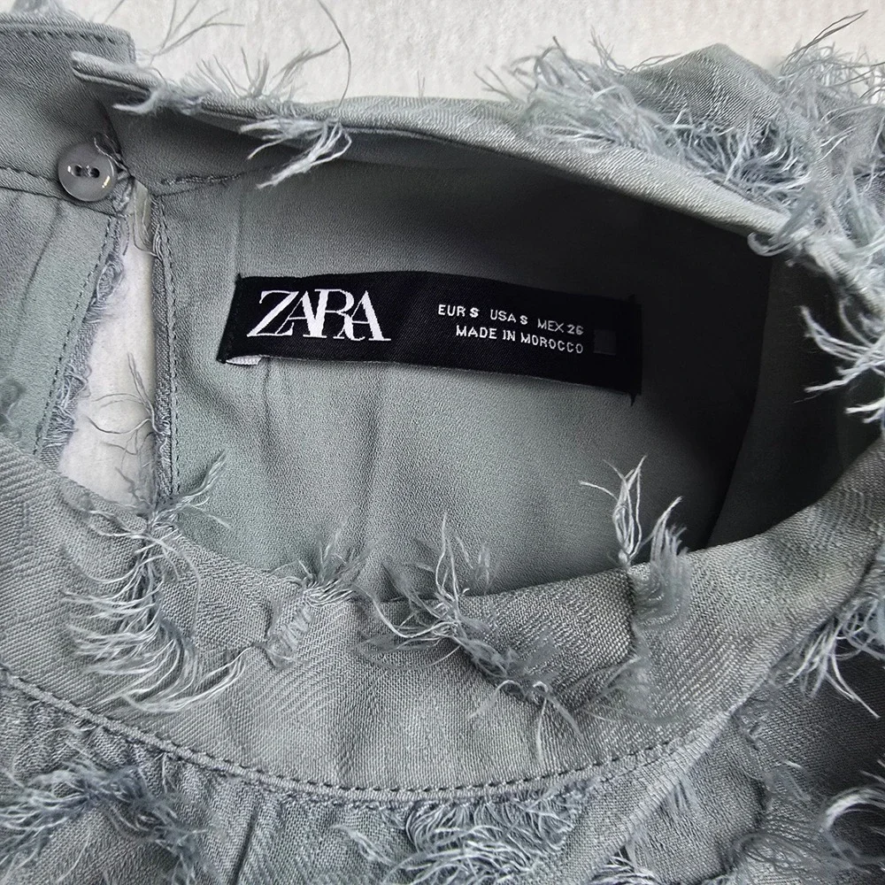 Zara Textured Fringe Circle Applique Babydoll Mini Dress Dusty Blue Small - Picture 3 of 10
